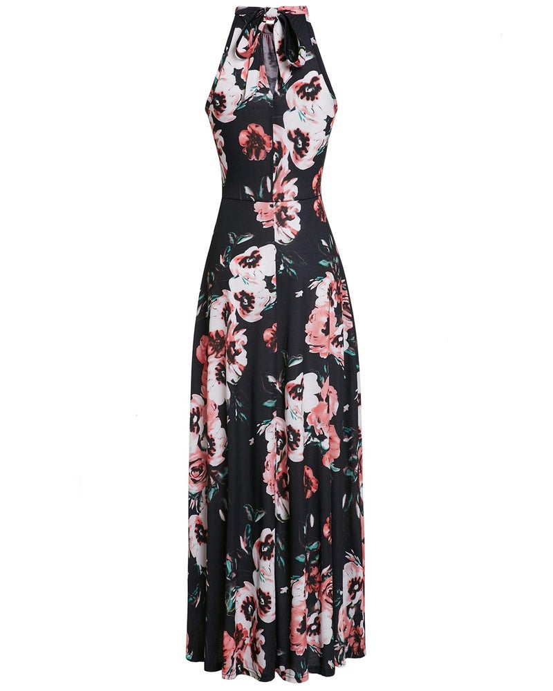 STYLEWORD 2025 Fashion Women's Summer Boho Pink Floral Sleeveless Hawaiian Beach Maxi Long Halter Dress Trendy(Floral07,L) - Image 3